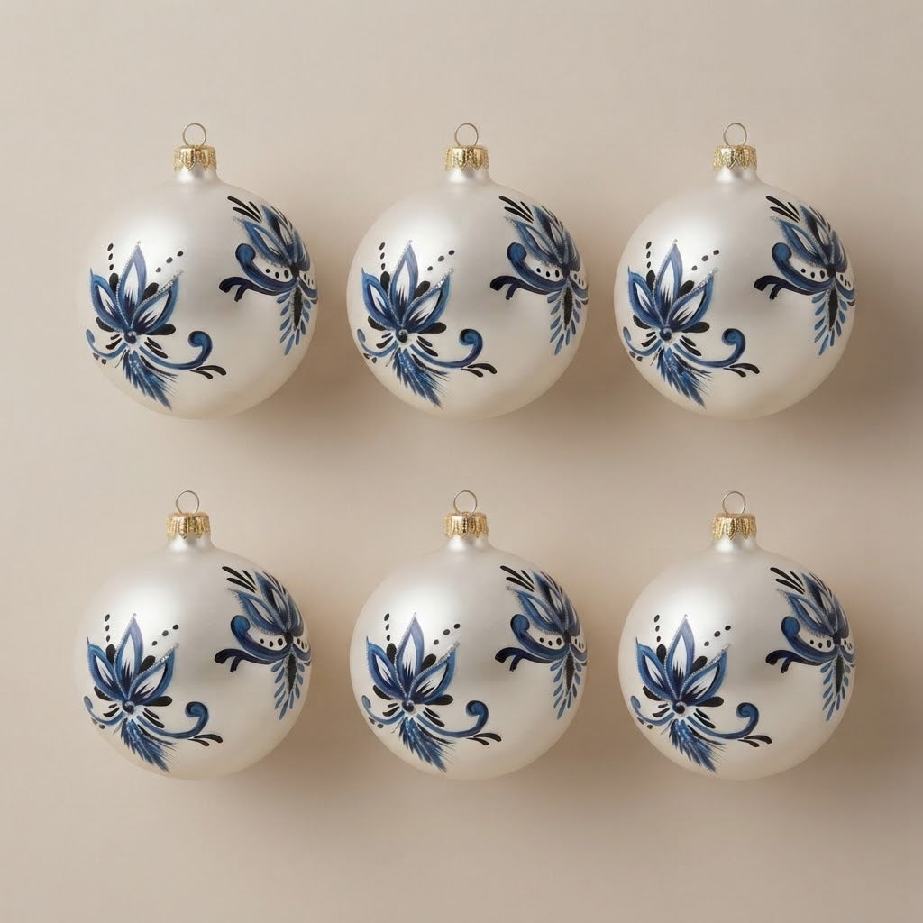 Set da 6 palle di Natale maiolica con fiori blu e argento Ø 10 cm dipinte a mano