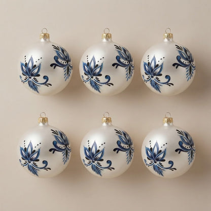Set da 6 palle di Natale maiolica con fiori blu e argento Ø 10 cm dipinte a mano