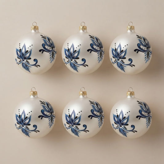 Set da 6 palle di Natale maiolica con fiori blu e argento Ø 10 cm dipinte a mano