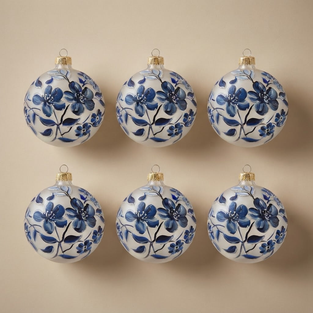 Set of 6 hand-painted maiolica Christmas ornaments with blue flowers on frosted glass, 4 in (10 cm)