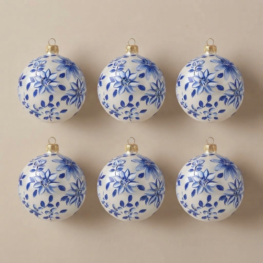 Set da 6 palle di Natale maiolica con fiori a stella blu Ø 10 cm dipinte a mano