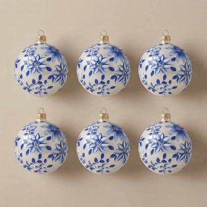 Set da 6 palle di Natale maiolica con fiori a stella blu Ø 10 cm dipinte a mano