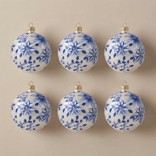 Set da 6 palle di Natale maiolica con fiori a stella blu Ø 10 cm dipinte a mano