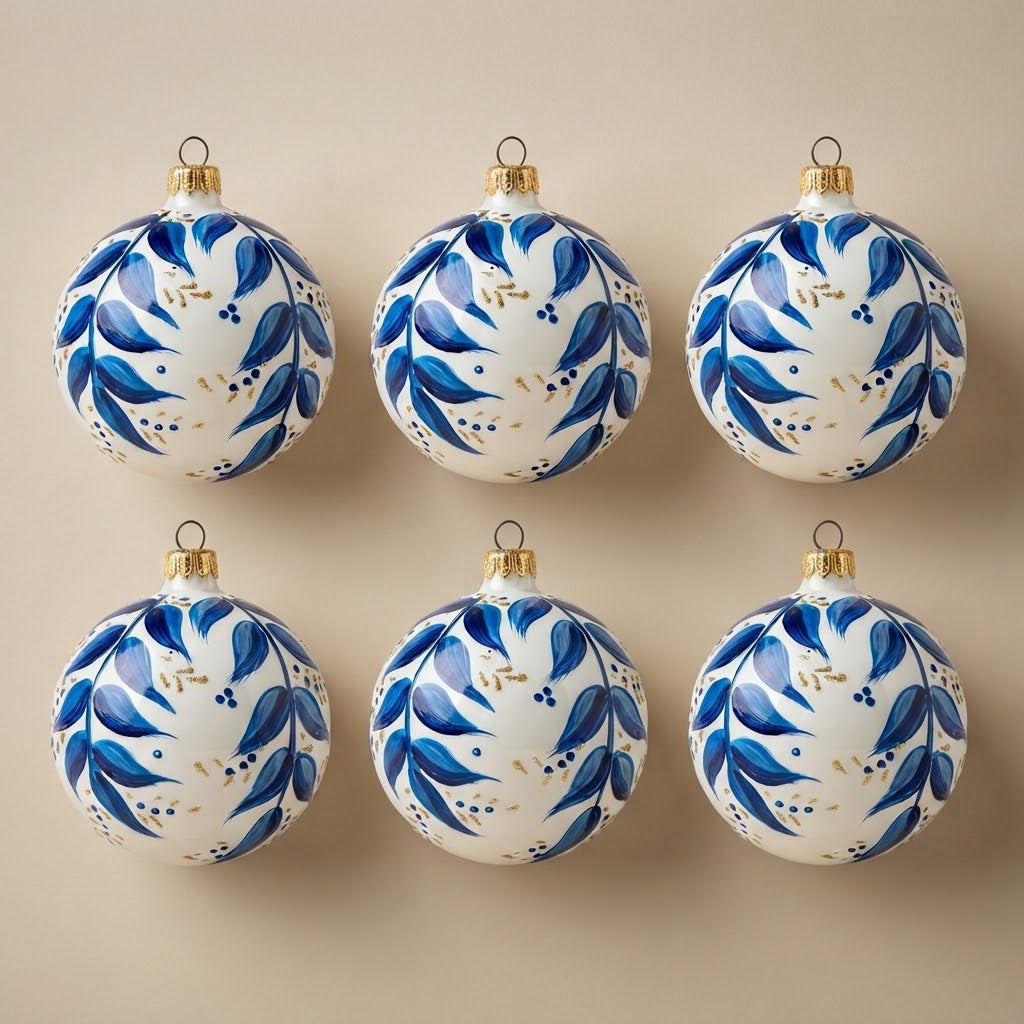 Set da 6 palle di Natale maiolica con foglie blu e oro Ø 10 cm dipinte a mano