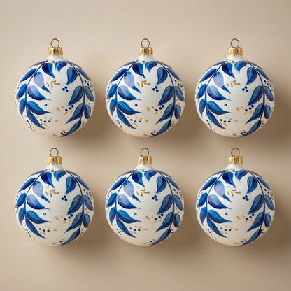 Set da 6 palle di Natale maiolica con foglie blu e oro Ø 10 cm dipinte a mano