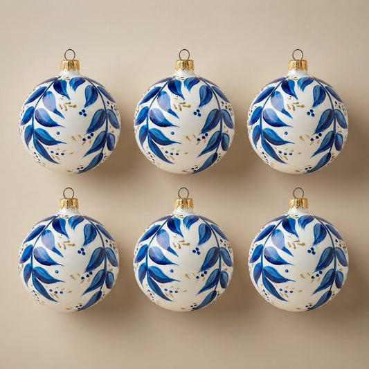 Set da 6 palle di Natale maiolica con foglie blu e oro Ø 10 cm dipinte a mano