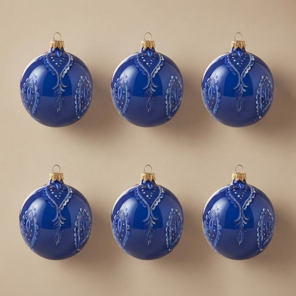 Set da 6 palle di Natale maiolica con gocce bianche su blu Ø 10 cm dipinte a mano