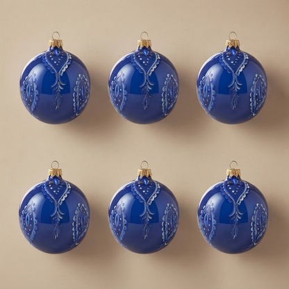 Set da 6 palle di Natale maiolica con gocce bianche su blu Ø 10 cm dipinte a mano