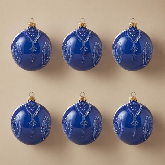 Set da 6 palle di Natale maiolica con gocce bianche su blu Ø 10 cm dipinte a mano