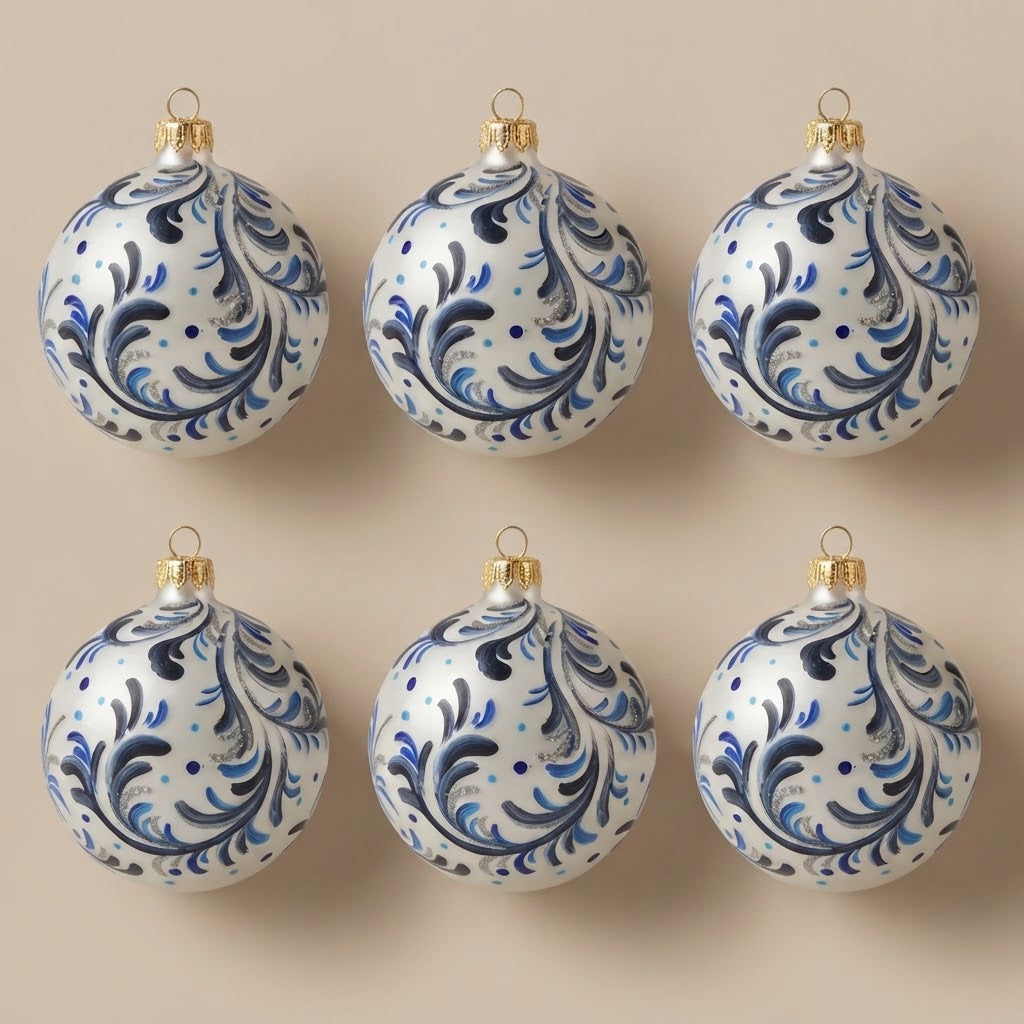 Set da 6 palle di Natale maiolica con volute blu Ø 10 cm dipinte a mano