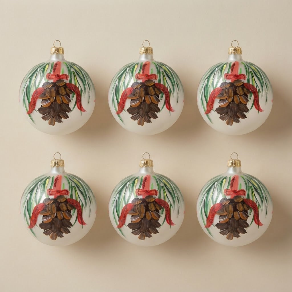 Set da 6 palle di Natale pigna con fiocco rosso Ø 10 cm dipinte a mano
