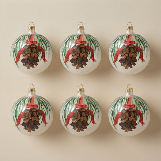 Set da 6 palle di Natale pigna con fiocco rosso Ø 10 cm dipinte a mano