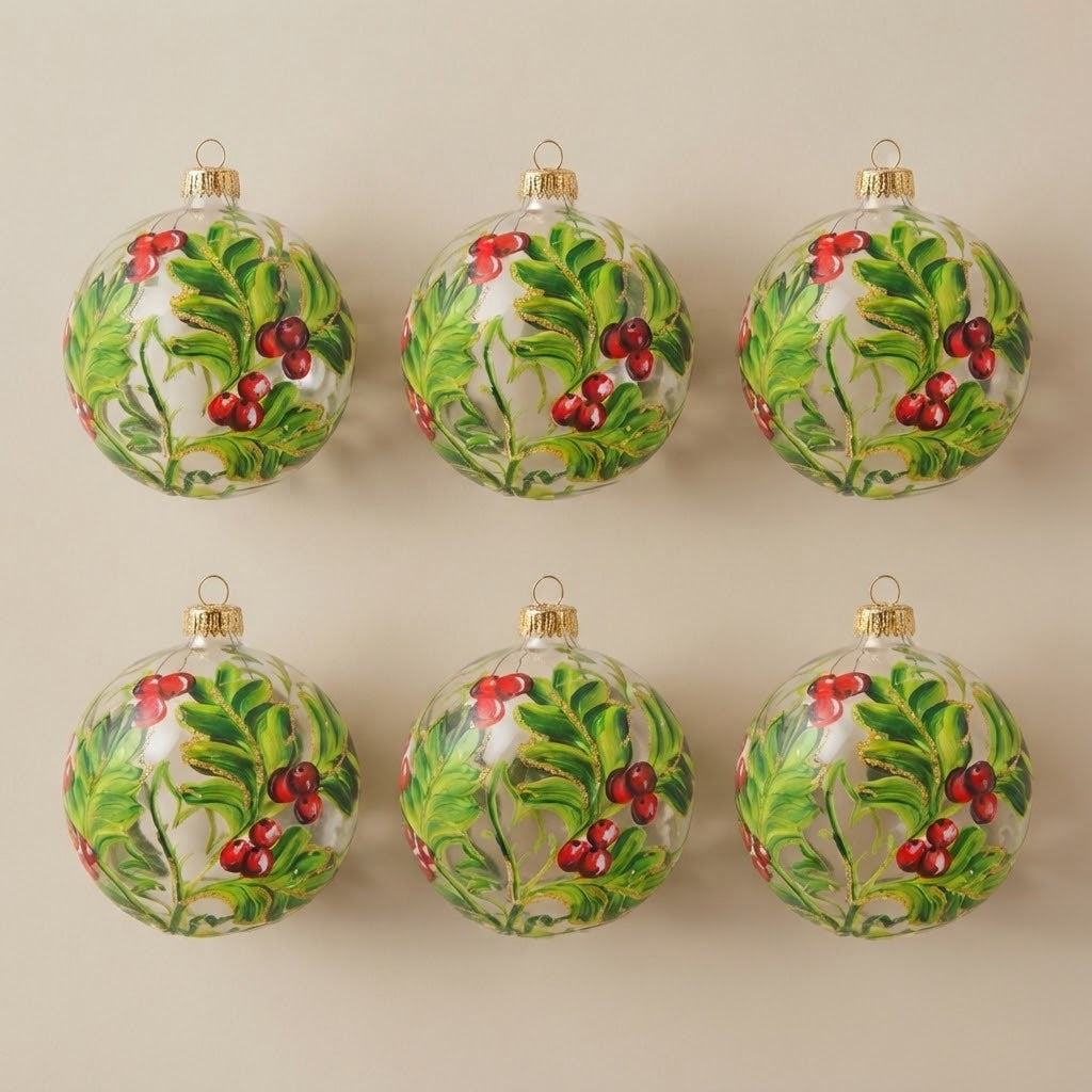 Set da 6 palle di Natale pungitopo e bacche rosse Ø 10 cm dipinte a mano