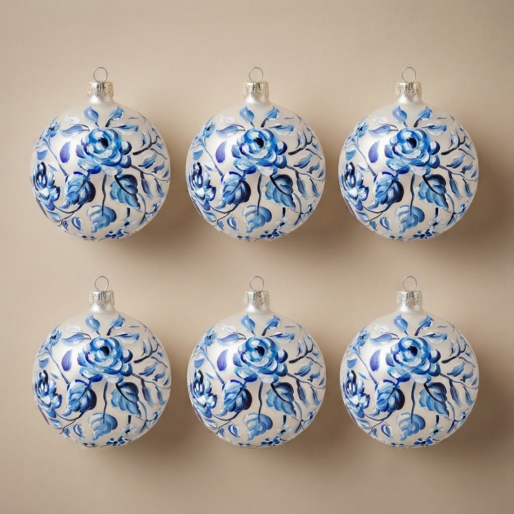 Set of 6 hand-painted Christmas ornaments with blue roses, 4 in (10 cm)