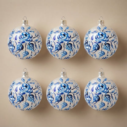 Set of 6 hand-painted Christmas ornaments with blue roses, 4 in (10 cm)