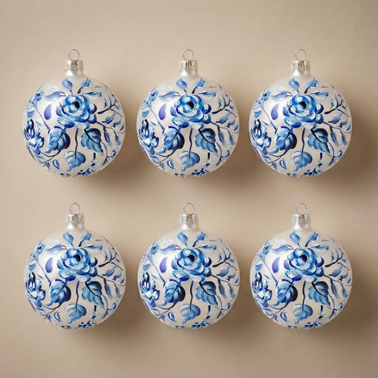 Set da 6 palle di Natale rose blu Ø 10 cm dipinte a mano