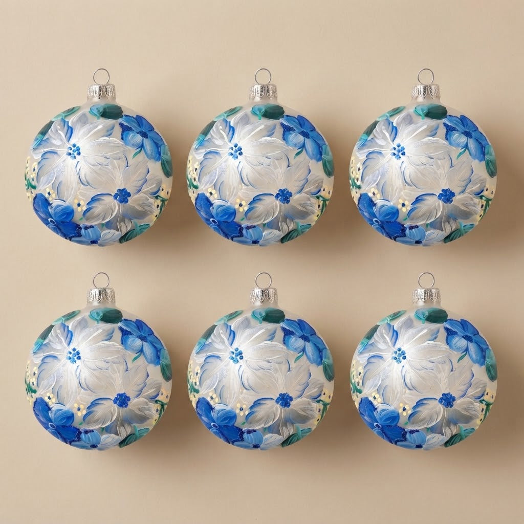 Set da 6 palle di Natale stella di Natale e fiori blu Ø 10 cm dipinte a mano