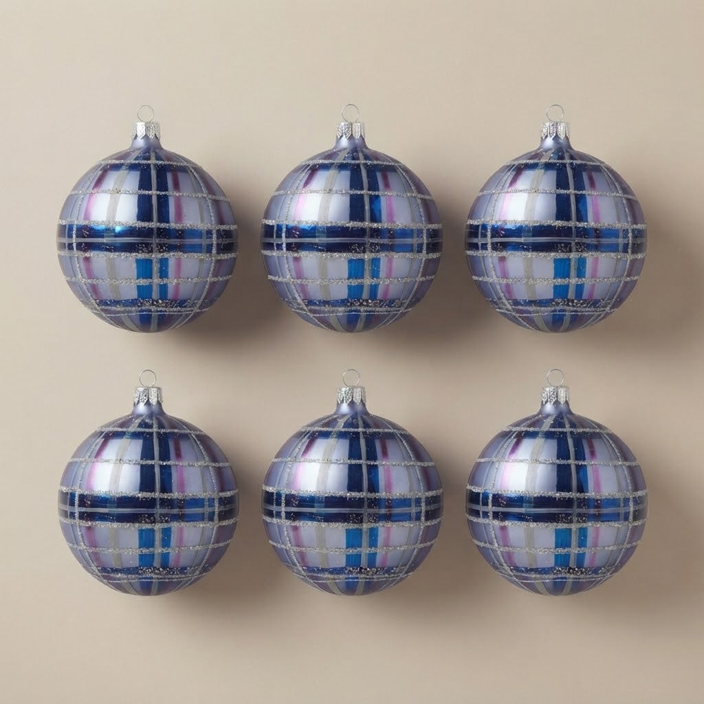 Set of 6 blue and lilac tartan Christmas ornaments, 4 in (10 cm), hand-painted