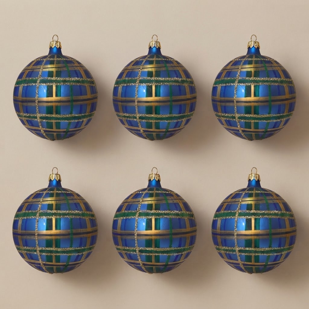 Set da 6 palle di Natale scozzesi blu, verdi e oro Ø 10 cm dipinte a mano