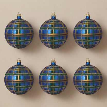 Set da 6 palle di Natale scozzesi blu, verdi e oro Ø 10 cm dipinte a mano