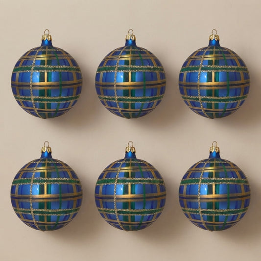 Set da 6 palle di Natale scozzesi blu, verdi e oro Ø 10 cm dipinte a mano