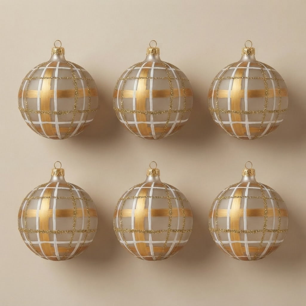Set da 6 palle di Natale scozzesi oro e bianche Ø 10 cm dipinte a mano