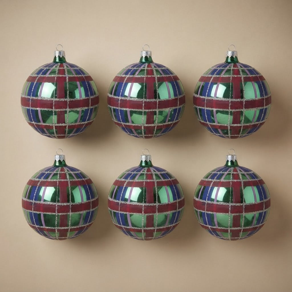 Set of 6 green, blue and red tartan Christmas ornaments, 4 in (10 cm), hand-painted
