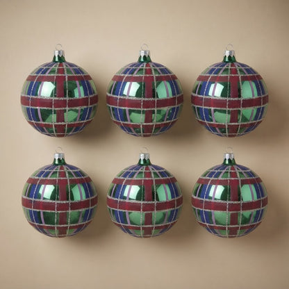 Set of 6 green, blue and red tartan Christmas ornaments, 4 in (10 cm), hand-painted