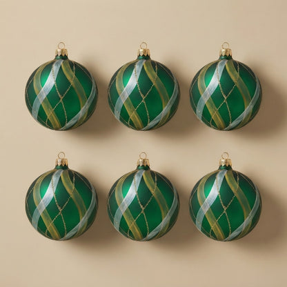 Set da 6 palle di Natale scozzesi verdi e oro Ø 10 cm dipinte a mano