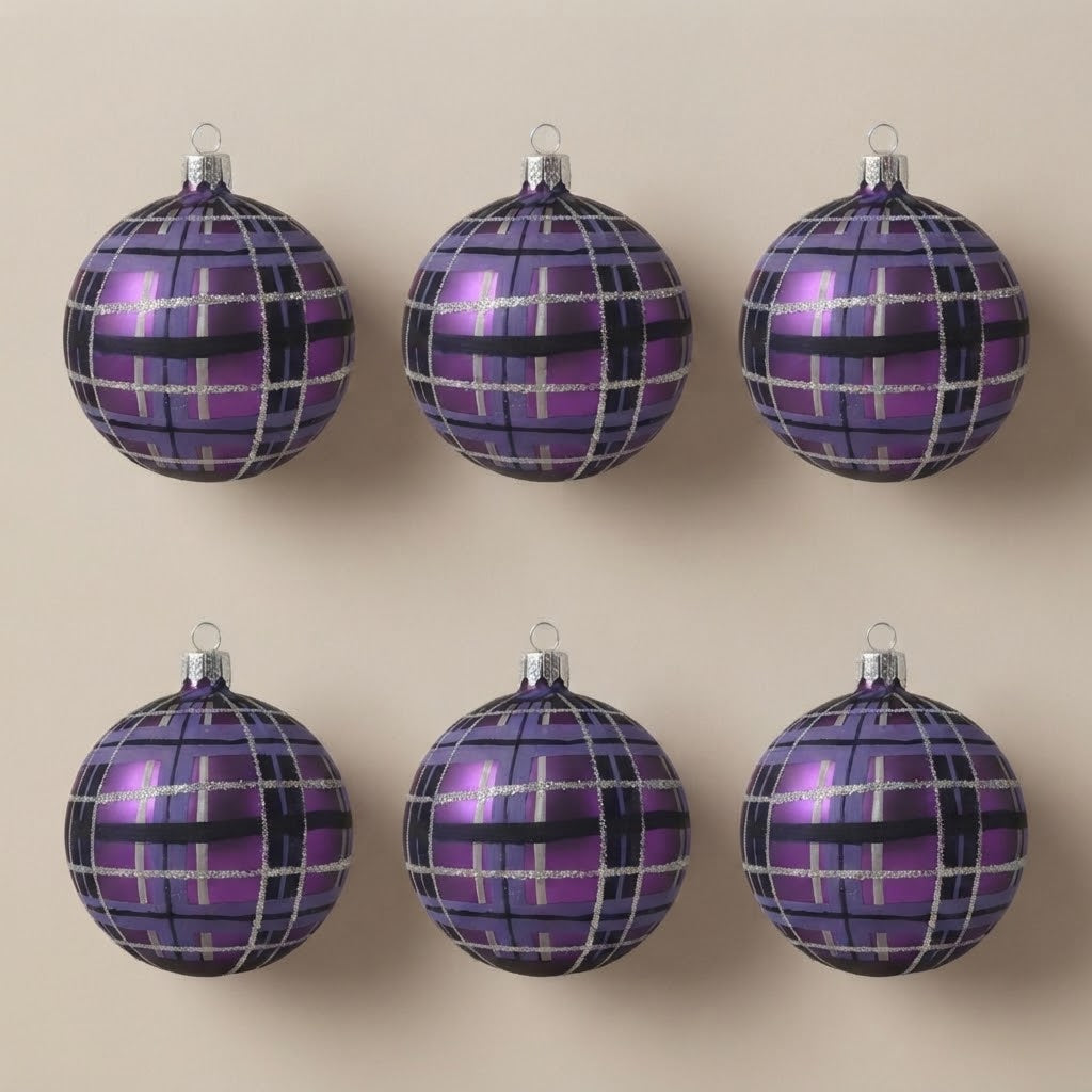 Set da 6 palle di Natale scozzesi viola Ø 10 cm dipinte a mano