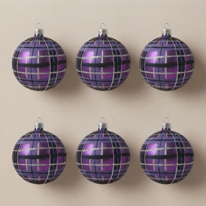 Set da 6 palle di Natale scozzesi viola Ø 10 cm dipinte a mano