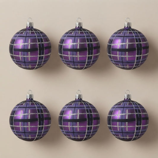Set da 6 palle di Natale scozzesi viola Ø 10 cm dipinte a mano
