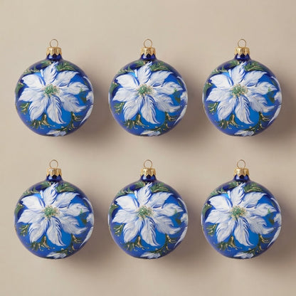Set da 6 palle di Natale stella di Natale bianca su blu Ø 10 cm dipinte a mano