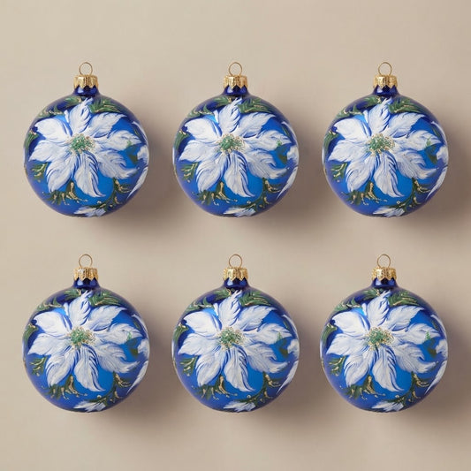 Set da 6 palle di Natale stella di Natale bianca su blu Ø 10 cm dipinte a mano