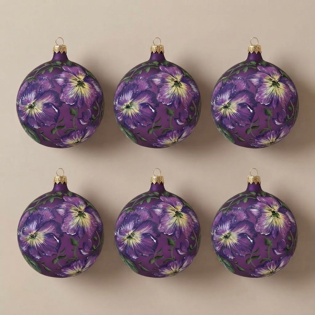 Set da 6 palle di Natale Viole d'inverno Ø 10 cm dipinte a mano