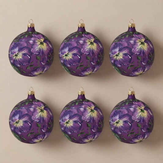 Set da 6 palle di Natale Viole d'inverno Ø 10 cm dipinte a mano