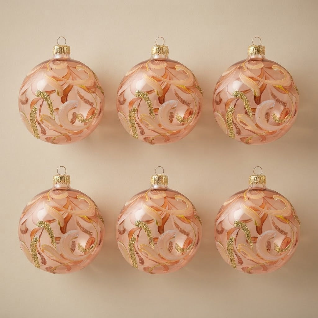 Set of 6 hand-painted Christmas ornaments with blush swirls on clear glass, 4 in (10 cm)