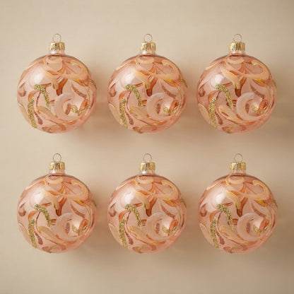 Set da 6 palle di Natale volute cipria su vetro trasparente Ø 10 cm dipinte a mano