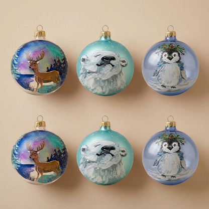 Set of 6 North Pole Christmas ornaments: two deer under the northern lights, two polar bears, two penguins