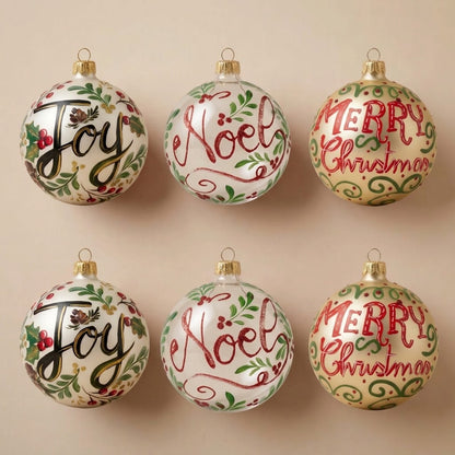 Set of 6 Christmas ornaments with lettering: two Joy, two Noël, two Merry Christmas