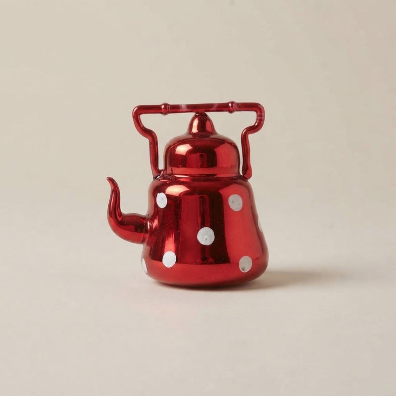 Teiera in vetro rosso a specchio con pois bianchi