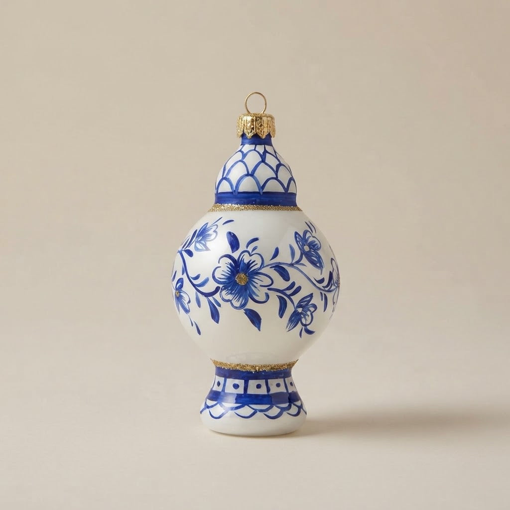 White glass vase with hand-painted blue flowers and gold glitter