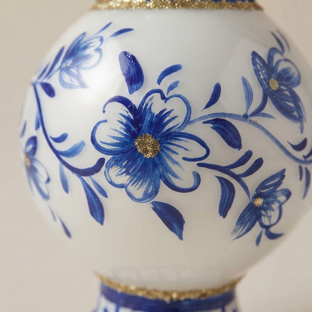 Close-up of the brush-painted blue flower with gold glitter center