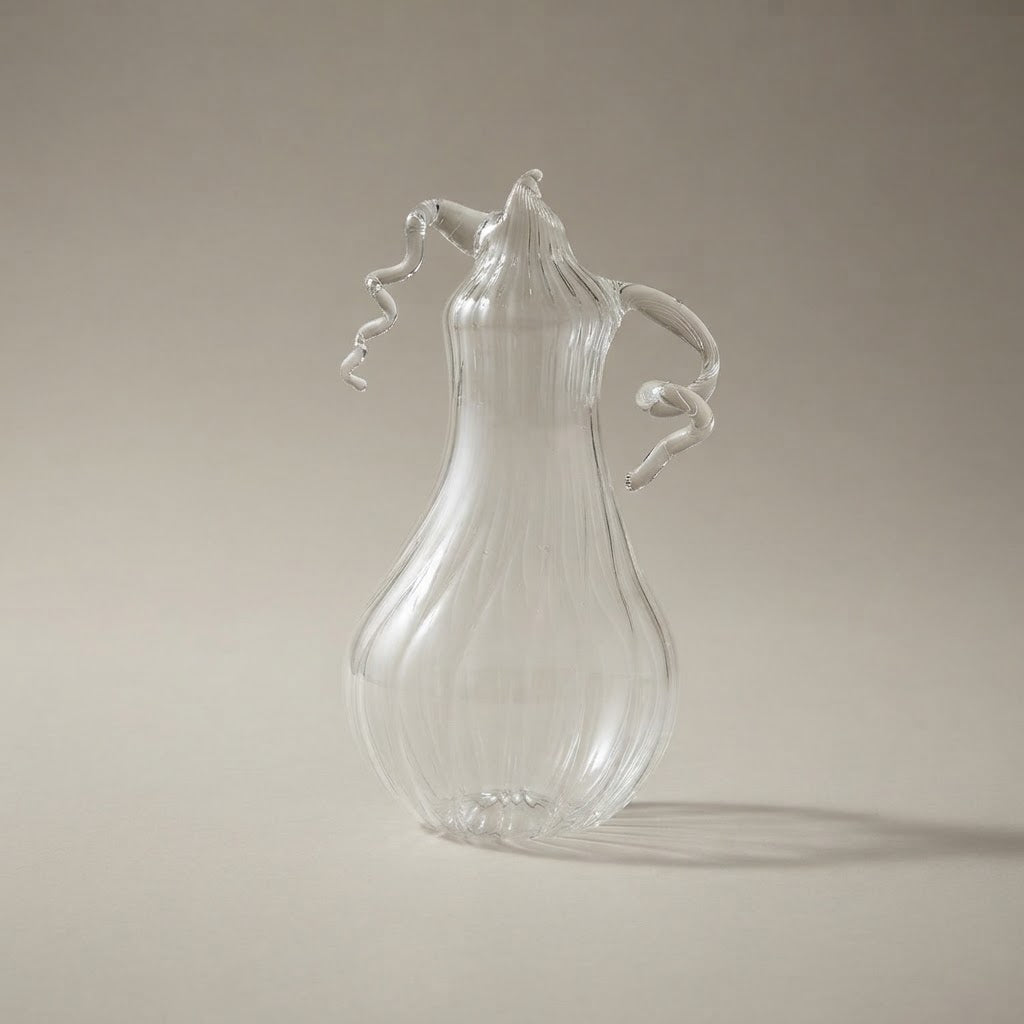 Clear glass pear-shaped pumpkin with ribs and curly tendrils