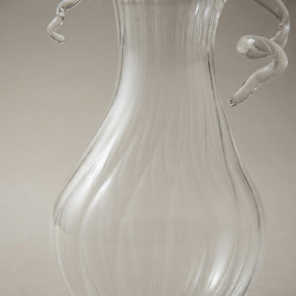 Close-up of the ribs and tendrils of the clear glass pear-shaped pumpkin