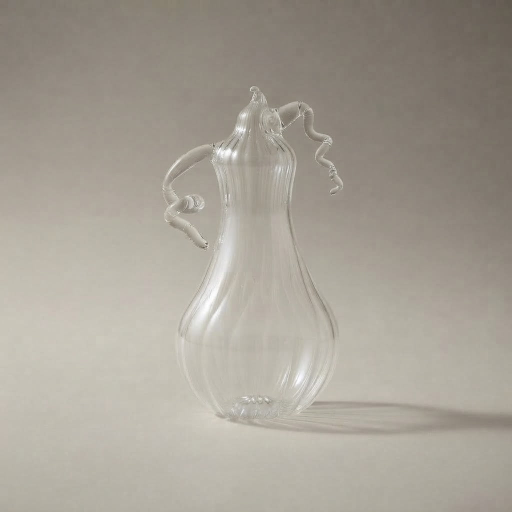 Clear glass pear-shaped pumpkin seen from the other side