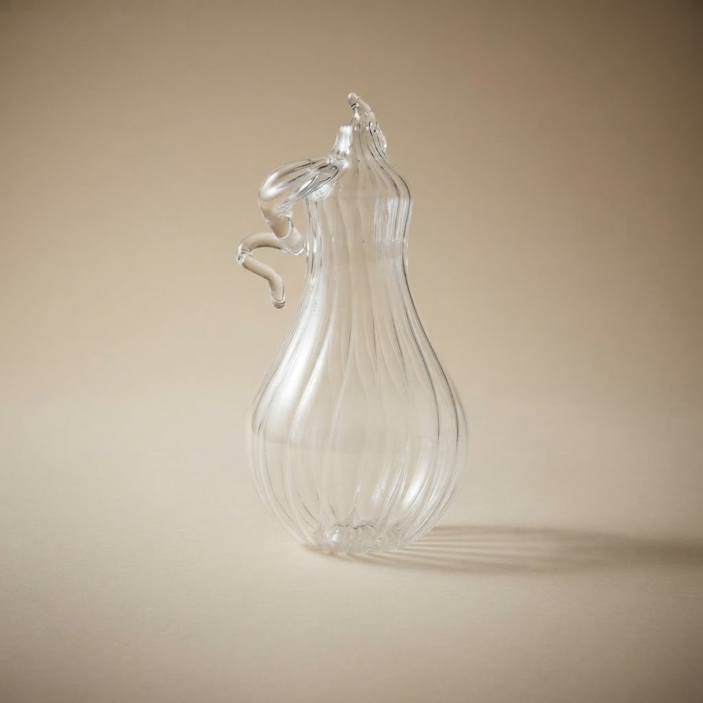 Clear glass pear-shaped pumpkin on a warm background