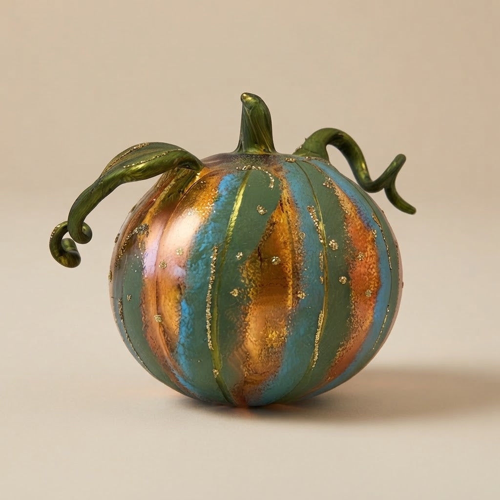 Zucca di Halloween in vetro soffiato verde, azzurra e rame con viticci