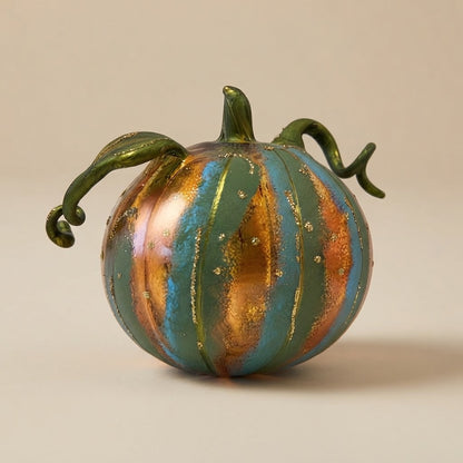 Zucca di Halloween in vetro soffiato verde, azzurra e rame con viticci