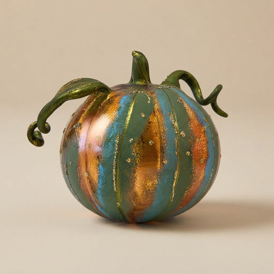 Zucca di Halloween in vetro soffiato verde, azzurra e rame con viticci